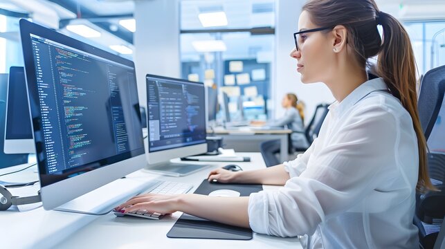 Focused young woman coding at her desk.