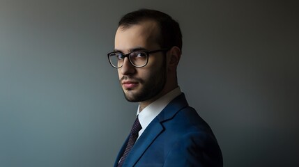 Young man in suit and glasses looks intensely at the camera.