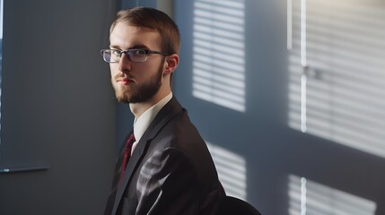 Obraz premium A young man in a suit and glasses looks intensely at the camera.