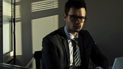 A young man in a suit looks intently at the camera.