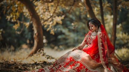 A young woman in a red and gold  sari  sits in a forest setting.
