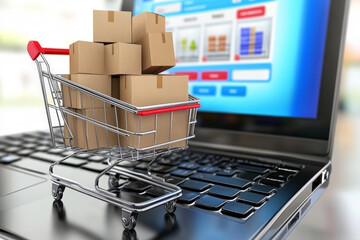 A shopping cart filled with boxes is on top of a laptop keyboard, representing online shopping