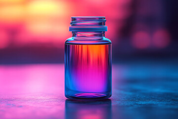 Minimalist representation of a bottle of collagen supplements, with a gradient hologram background, highlighting skin rejuvenation,