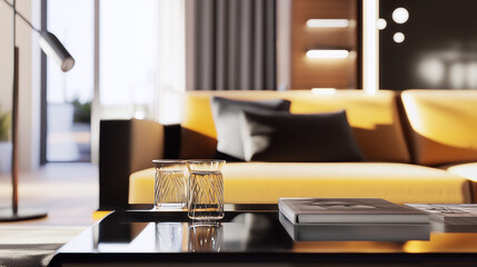 a modern, stylish interior space, such as a living room or kitchen, with contemporary furnishings and decor