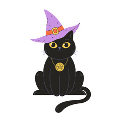 Cute black cat in witch hat with amulet. Magic, witchcraft. Happy Halloween. Vector illustration in flat style