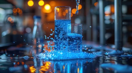 Blue Liquid Splashing in Glassware