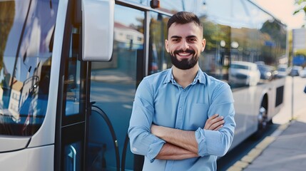 Smiling bus driver standing by a bus.