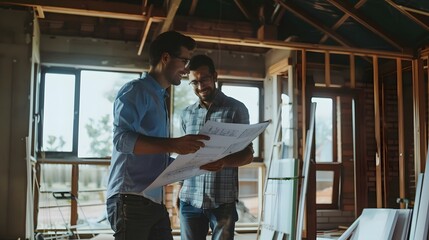 Two men reviewing blueprints in an unfinished home.