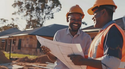 Two men in hard hats review construction plans at a building site.