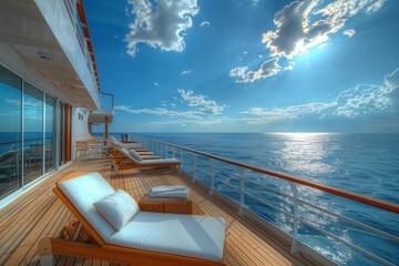 Luxury cruise ship deck with lounge chairs and wide view of the blue sky on a sunny day.