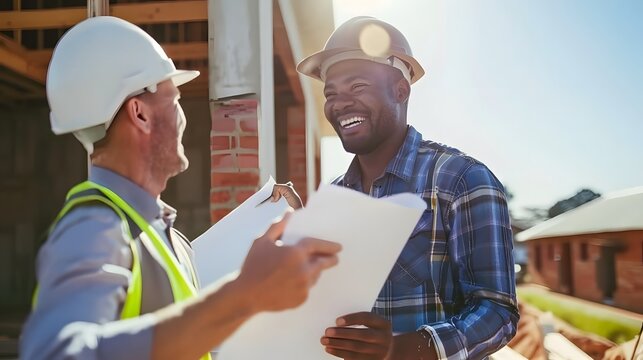 Two construction workers review blueprints on a sunny day.