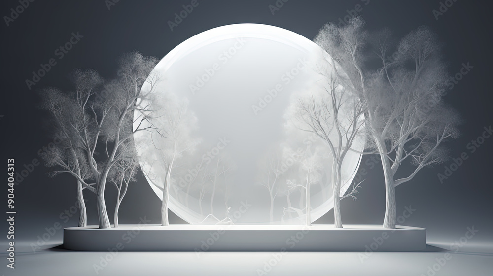 Poster Interior with circular architecture form in 3D style. Abstract room with arc element and trees.