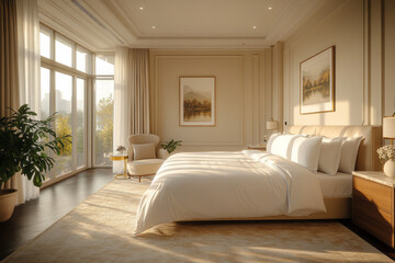 Minimalist scene of a luxury hotel suite with a king-sized bed, elegant furnishings, and a serene view,