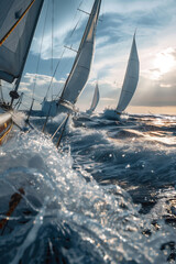 Naklejka premium Dynamic Team Navigates Challenging Waters During Regatta on a Windy Day