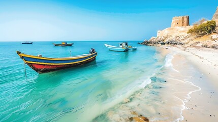 Obraz premium Stunning view of a white sand beach with crystal clear turquoise waters and a rocky cliff