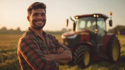 a smiling man with tractor in the field , a smiling tractor driver near the tractor in the field 