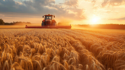Fototapeta premium Tractor harvesting and baling wheat field