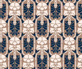 Art Nouveau Floral Bouquet and Ornaments Simless Vector Pattern in Beige Blue Color, for Wallpaper, Textile and Cards