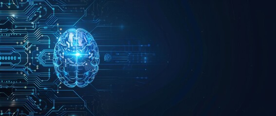Blue digital technology background with chip and brain symbol for artificial intelligence concept, AI design or machine learning tech banner template with copy space area Generative AI