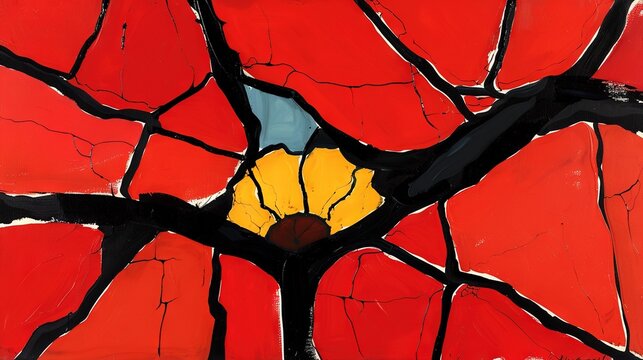   Close-up photo of a painting featuring a red tree with golden ball in its heart
