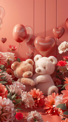 Fototapeta premium Teddy bears hugging with heart balloons and flowers, National Hug Day