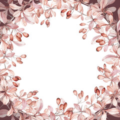 Wreath with branches, leaves and barberry berries. Hand-painted watercolor