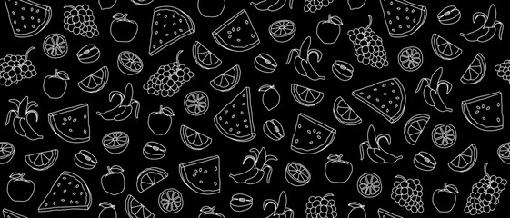 Seamless background with contour drawings of fruits. Endless background with drawings of apples, grapes, oranges, watermelon slices, lemons and bananas. Line drawings. Summer vector banner