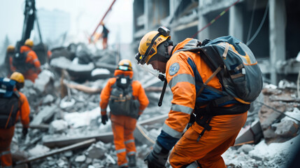 Rescue workers in orange safety suits and helmets conducting search and rescue operations in rubble after a disaster.