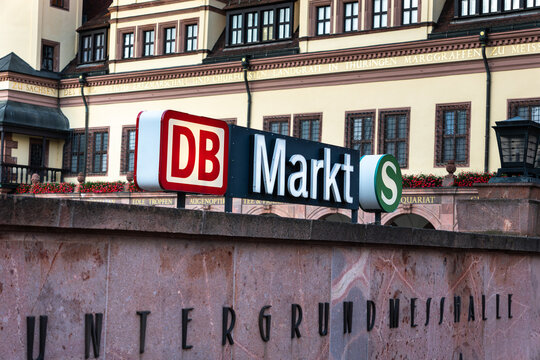 Regional train stop at the market square in Leipzig. Two entrances opposite the old town hall. Train stop below the market. subway station. Germany ticket in the regional network.