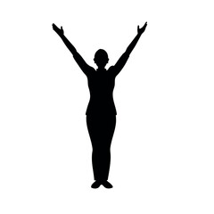 a professional slim business woman doing yoga with expand her two hand up on, vector silhouette, isolated white background 