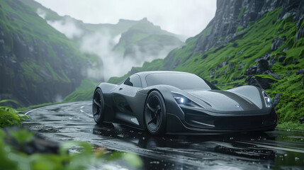 Sleek sports car captured on a winding road with breathtaking mountain scenery in the background.