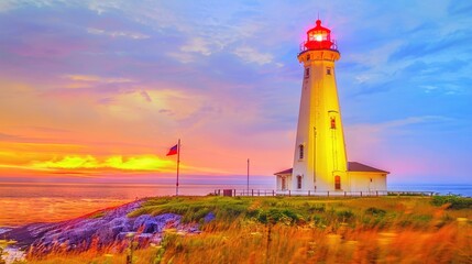   A lighthouse perched atop a hill overlooking a tranquil body of water during sunset