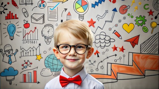 Smiling Schoolboy with Glasses and Bow Tie, Bright and Cheerful, Surrounded by Educational Icons on Classroom Wall