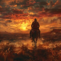 Lone Rider at Sunset: A solitary cowboy on horseback rides into a breathtaking desert sunset, his journey a testament to resilience and the wild spirit of the west.  