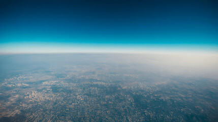 Aerial view of cityscape from airplane window, clear skies