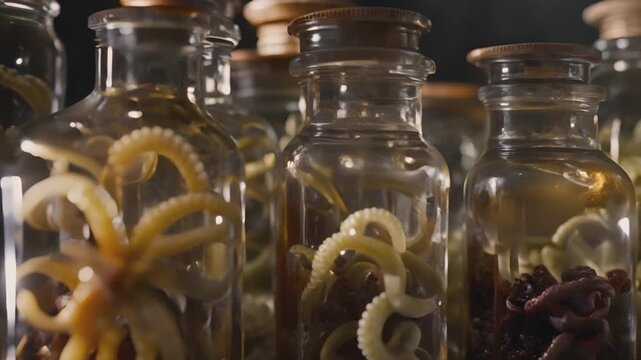 Jars full of strange mutated creatures or organisms. Alien species. Secret lab, forbidden experiments. Mad scientist laboratory. Horror or sci-fi movie theme, footage. Biohazard. Breeding.