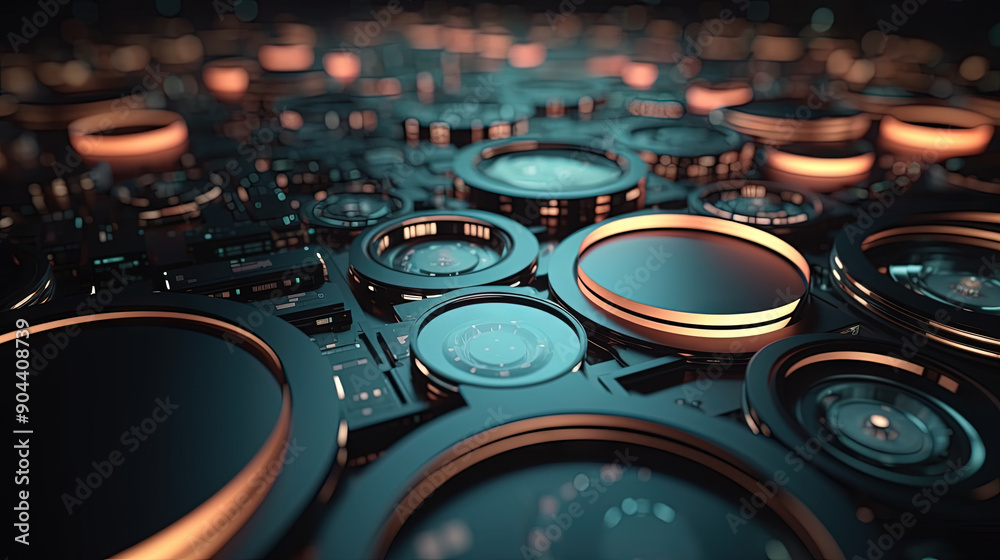 Poster Technology abstract background with hud styled round interface elements in neon tech light.