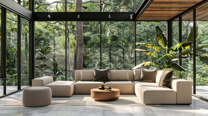 Fototapeta premium Studio Apartment Living Area with Large Windows and Greenery