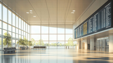 Airport terminal interior with minimalistic design and large display boards