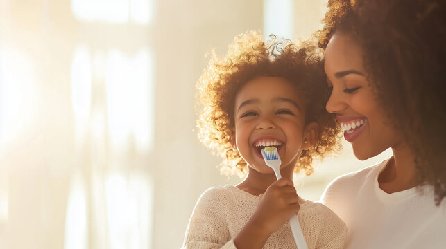Mother Brushing Her Little Girl's Teeth - Parent Helping Child with Dental Hygiene Photo