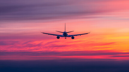 Fototapeta premium Commercial airplane in flight with vibrant sunset backdrop