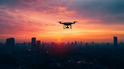 Drone capturing aerial view of city skyline at sunset