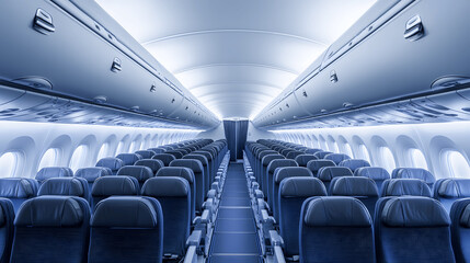 Economy class airplane interior with neat rows of seats