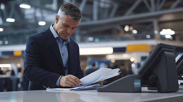 Customs officer checking documents at inspection desk