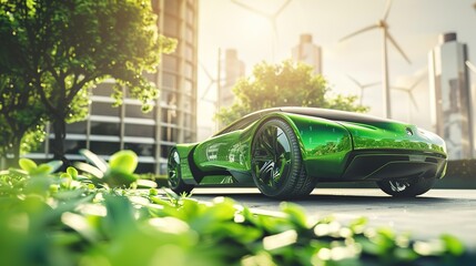 Green hydrogen. Sustainable renewable energy. Hydrogen Fuel cell vehicle. Zero emission car. Future energy. Green technology. Sun and wind energy for green hydrogen power generation. Hydrogen economy.