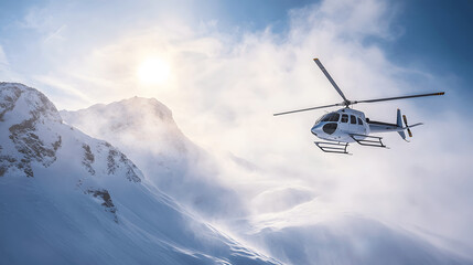 Naklejka premium Helicopter tour flying over snowy mountain range with bright sunlight