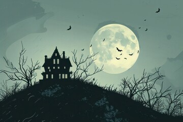 An old, spooky house on top of a hill with a full moon