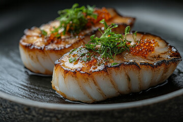 Clean image of a dish featuring abalone, presented with minimalist garnishments on a modern plate,