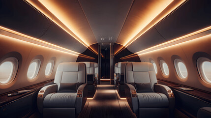 Luxurious first-class airplane cabin with wide seats and elegant design