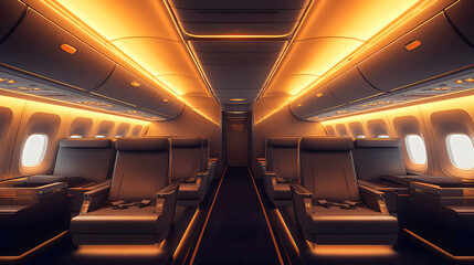 Modern airplane interior with aisle seats and organized overhead bins